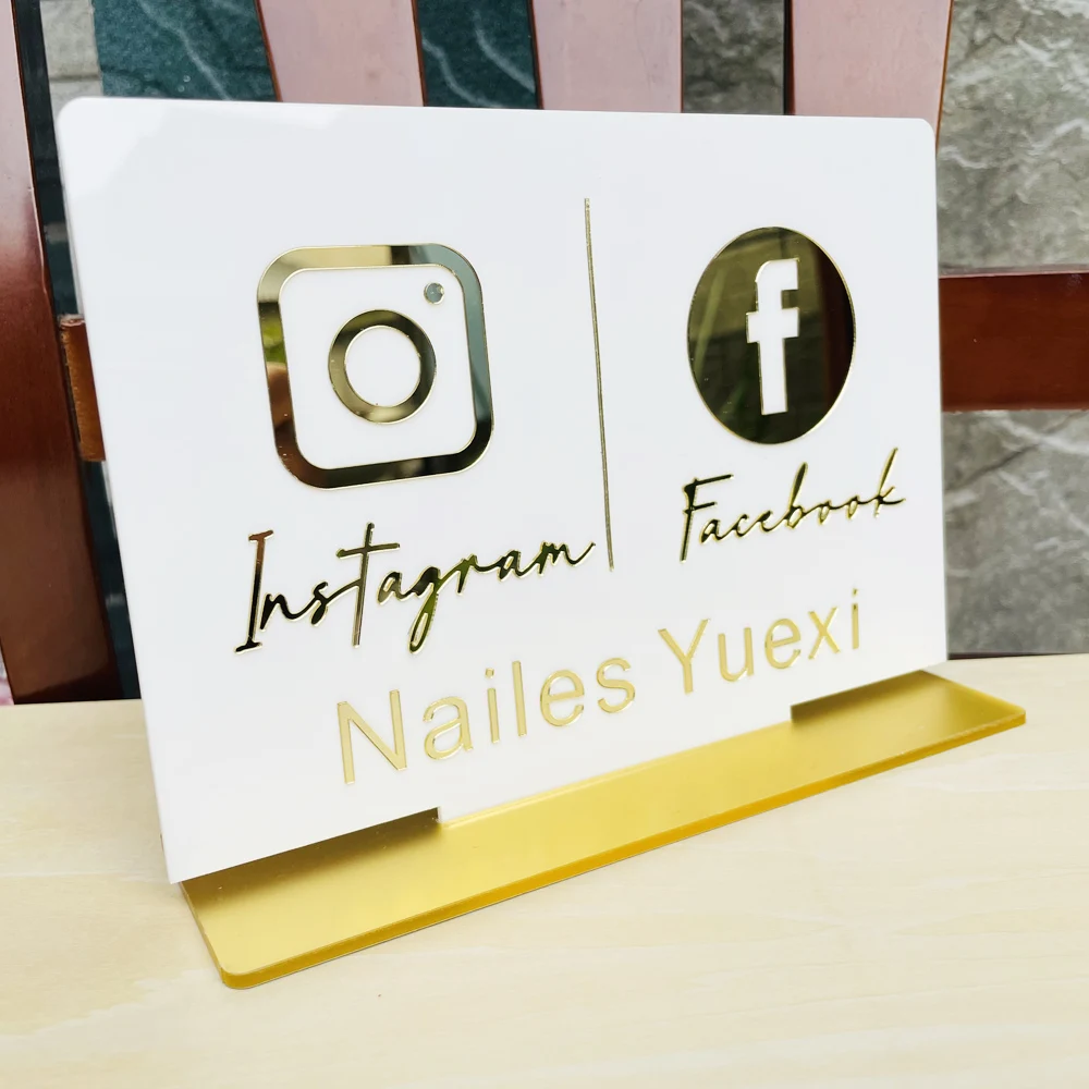 

Custom Instagram Facebook White Table Sign Personalized Mirror Gold Acrylic Laser Cut Instagram Facebook Shop Store Sign