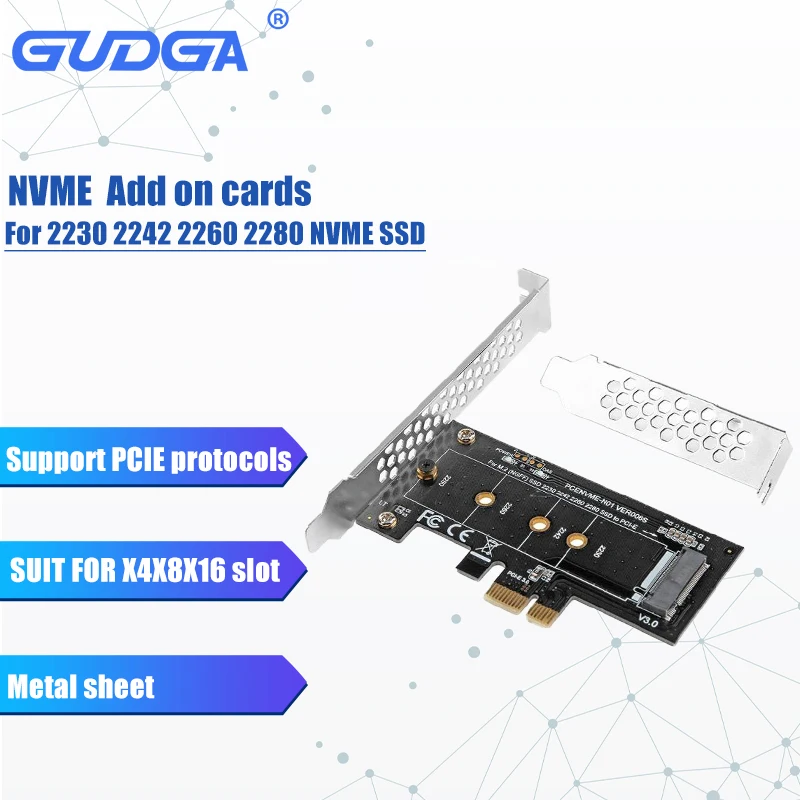 GUDGA M2 Adaptador Pcie PCI-E 3.0 x1 X4 para M.2 NVMe Add On Card M Key + B Key Board Placa de expansão para 2230 2242 2260 2280 BTC Suporte PCI-e PCI Express 3.0 x4 NVMe SSD Adapter