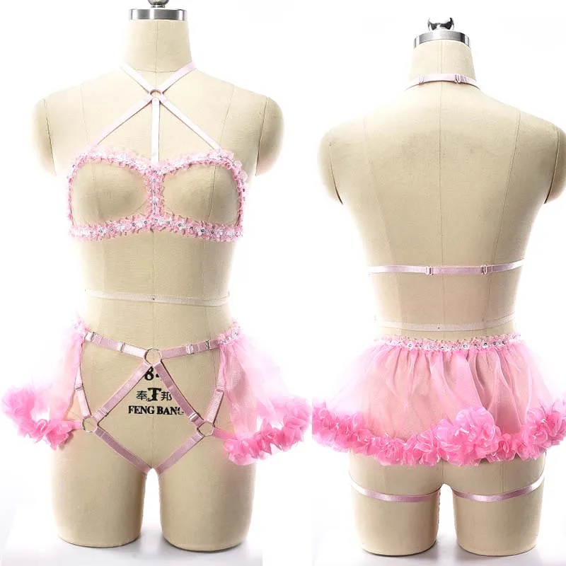 

Wholesale 2pcs Pink Mesh Perspective Wedding Body Harness Set Body Cage Bra Garters Belt Lace skirt Sexy Lingerie Harness