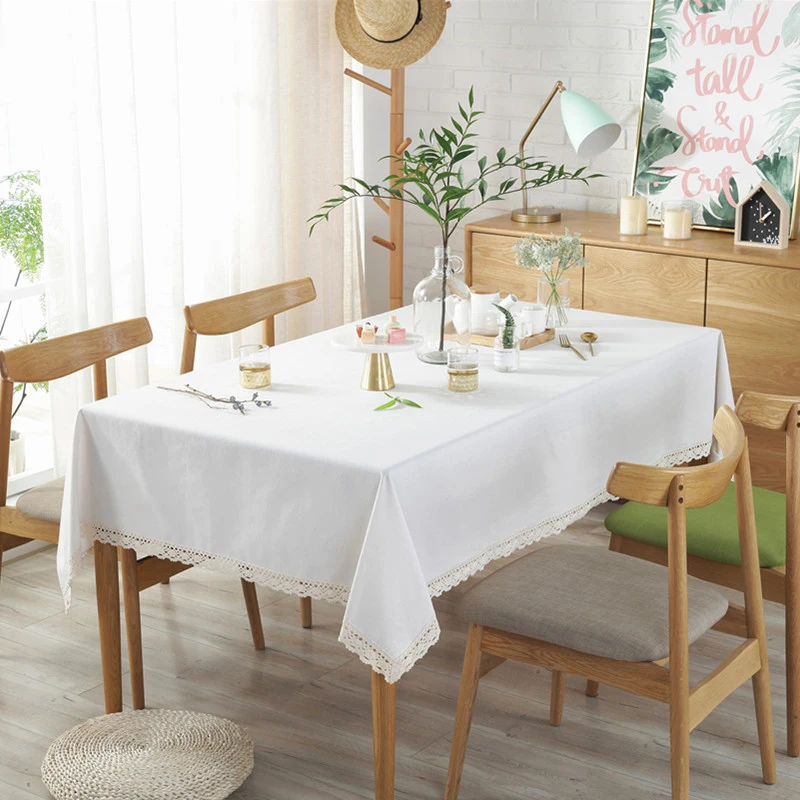 Soild Tablecloth with White Lace Elegant Rectangle Tablecloth Cotton Linen Table Cloth for Home Dinner Tea Table Cover