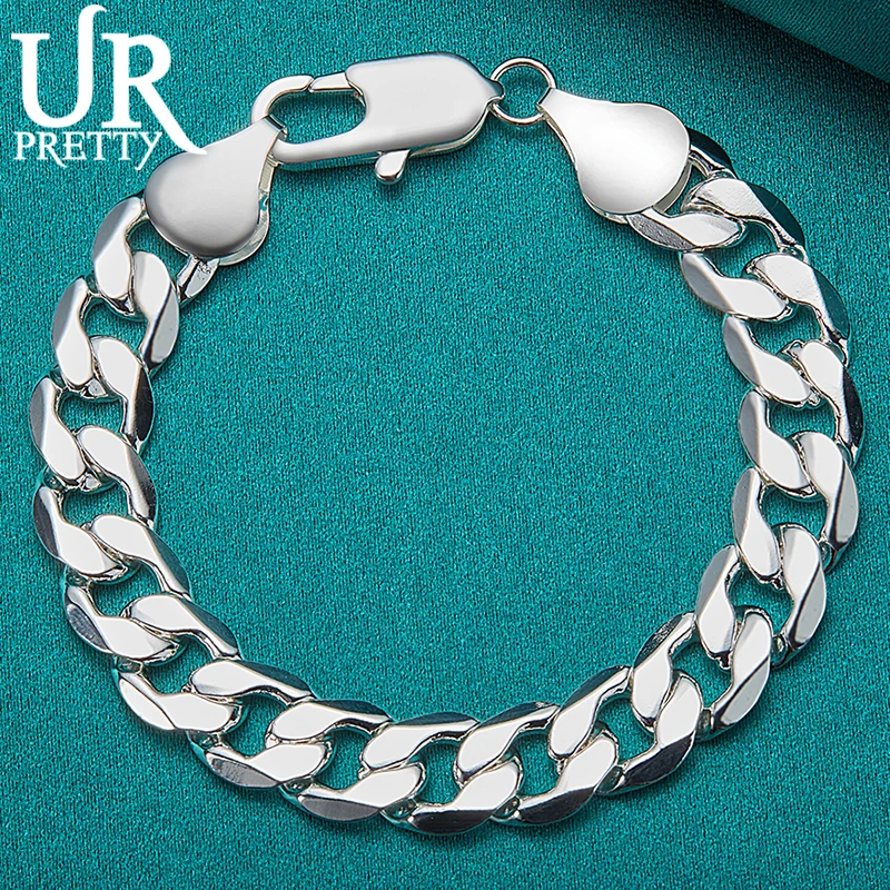 

URPRETTY New 925 Sterling Silver 12mm Single Buckle Chain Bracelet For Man Women Wedding Engagement Party Charm Jewelry Gift