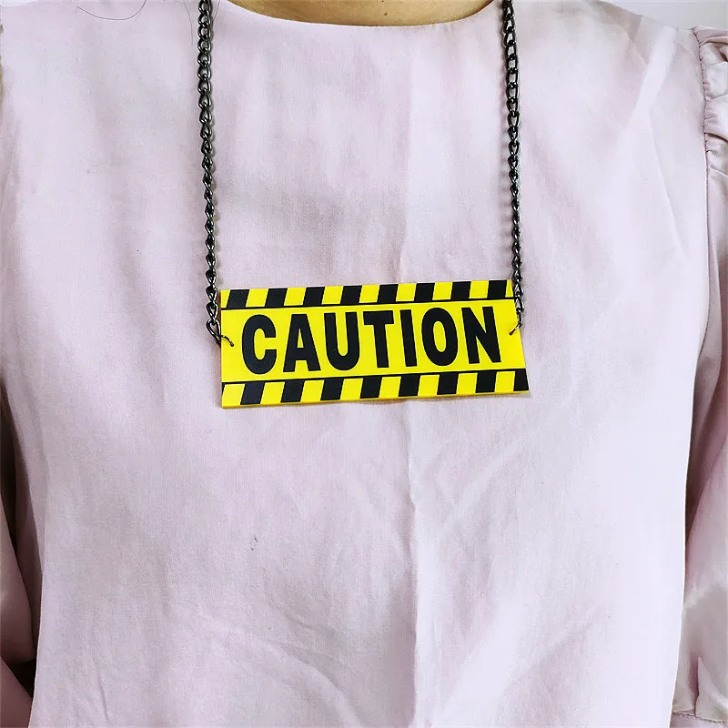 KUGUYS Yellow Caution Card Fashion Pendant Necklace for Women Men Acrylic Letter Stripe HipHop Rock Gift Jewelry Accessories