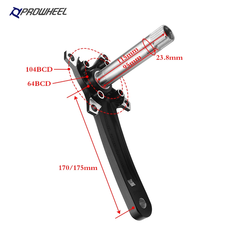 Кривошипы PROWHEEL 104BCD 175 мм, 170 мм, 30/32/34/36/38/40/42/44/46/48/50/52T, Звездочка с нижним кронштейном, Кривошип для горного велосипеда