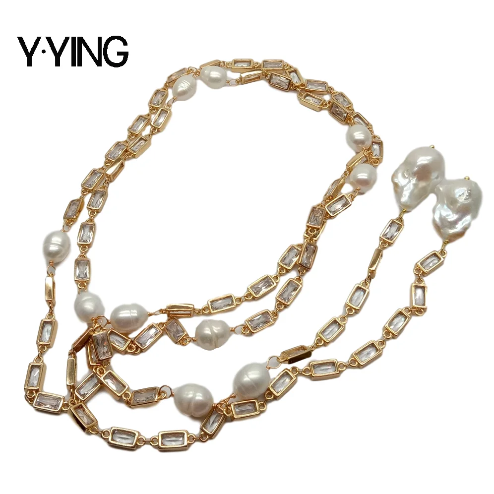 Y · YING naturalny hodowlany biały Keshi Pearl Rectanle Cz Pave złoty kolorowy platerowany naszyjnik łańcuch sweter 50 "długi naszyjnik dla kobiet