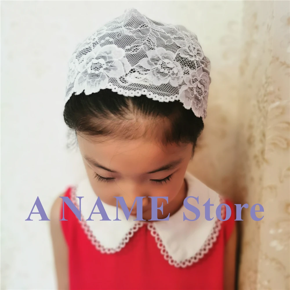 2pcs Small Girls Mantilla Veil for Church Lace Catholic Veil Children Head Covering Latin Mass Tie-style Headband Kerchief Mini