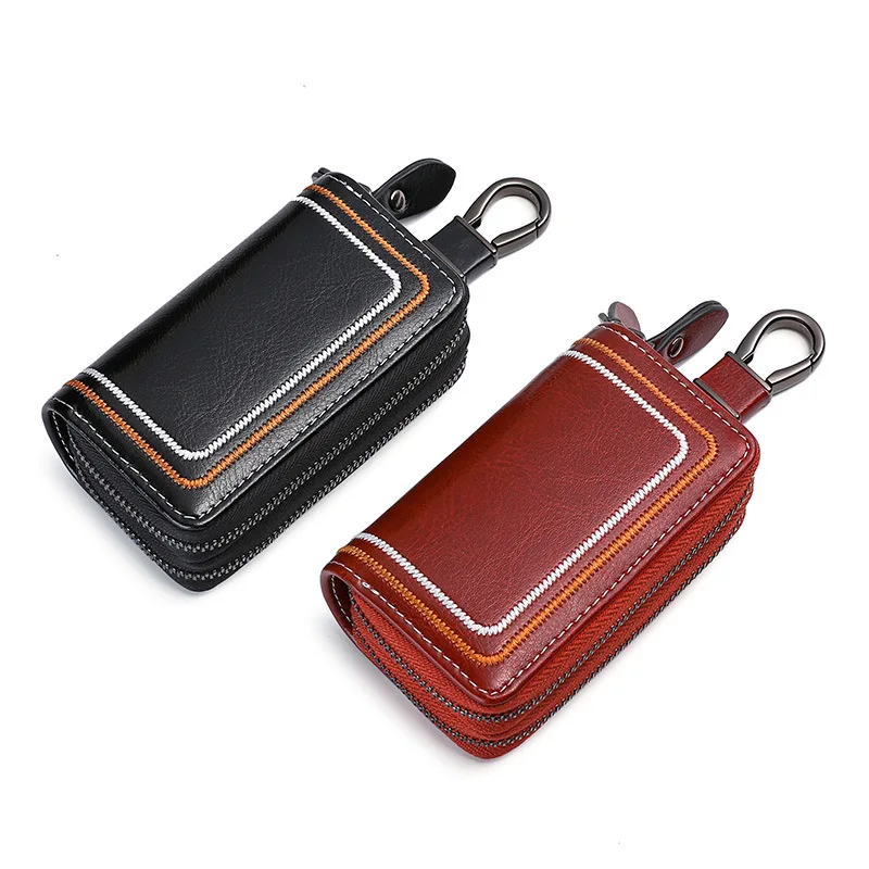 Fashion Genuine Leather Key Wallets Men Simple Car Key Holders Top Quality Double Zipper Keychain Case Women Housekeeper Purse