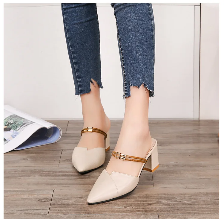 

New Women Sandals sexy Pointed Toe Block Non-slip Closed Shallow Party High Heels Shoes Sandals Black Beige Square heel Pumps