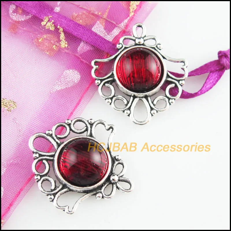 6Pcs Tibetan Silver Tone Round Red Glaze Charms Flower Pendants 26x29mm