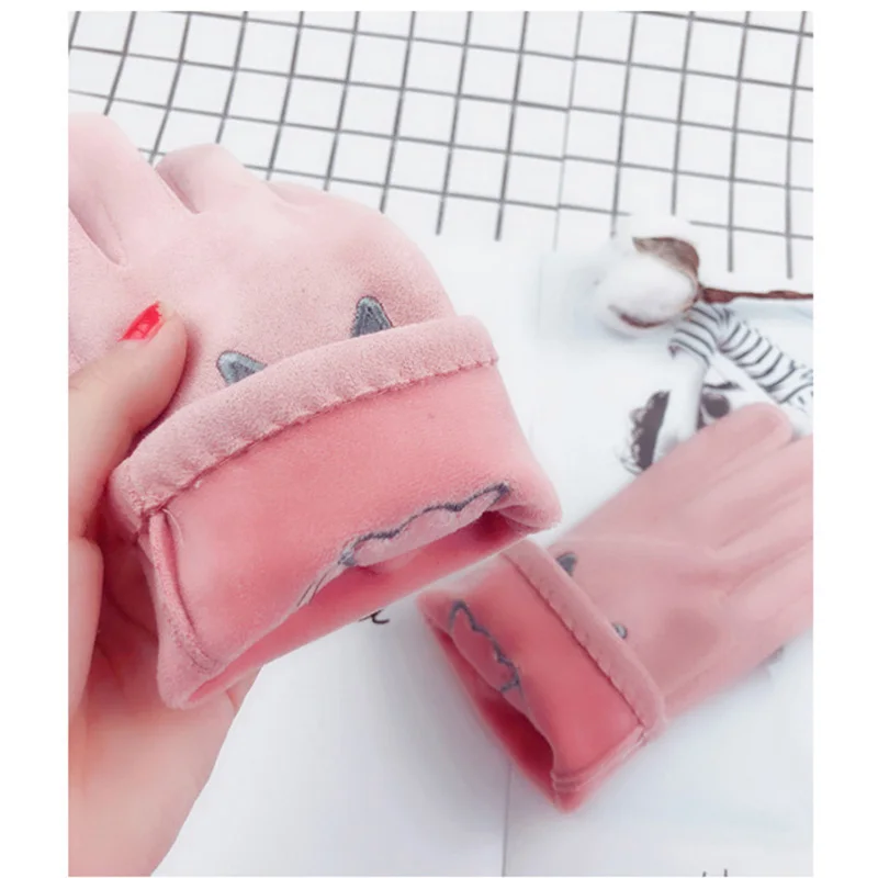 Women Winter Plus Velvet Thick Warm Suede Leather Touch Screen Mittens Female Lovely Cartoon Cat Bear Cycling Driving Gloves D92