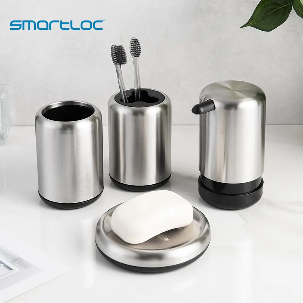 Smartloc Set of 4 Stainless Steel Bathroom Accessories Set Toothbrush Holder Tumbler Dispenser Case Soap Box