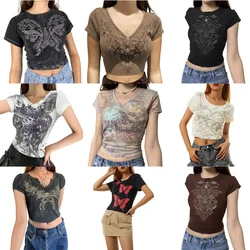 Graphic Print Retro Aesthetic Short Sleeve Tshirts Women Harajuku Fairycore Grunge Clothes 90s E Girl Summer Basic Tees Tops