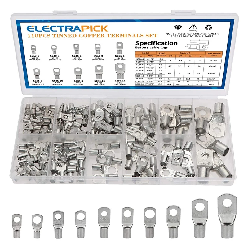 Electrapick 110pcs Tinned Copper Clips Ring Cable Lugs Copper Battery Connections Plug Cable Lugs Tubular Cable Lugs SC10-6