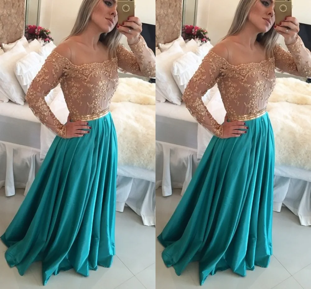 Aangepaste Lange Mouwen See Through Mouwen Een Lijn Applicaties Kralen Floor Lengte Prom Gown Blue 2018 Moeder Van De Bruid jurken