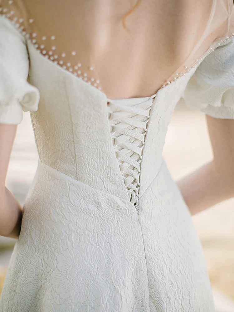 Uit De Schouder Witte Trouwjurken Vrouwen Klassieke Terug Bandage Floor-Length Bruidsjurk Eenvoudige Moderne A-lijn Banket Jurk