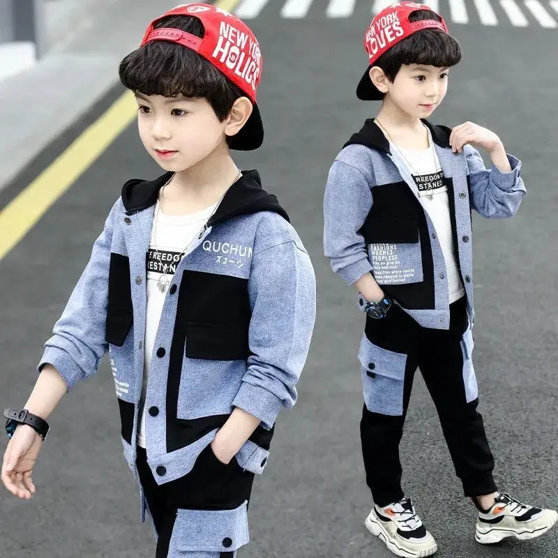 Boys Clothing Sets For Spring & Autumn 2024 New Fashion Hooded Patchwork Jackets With Trousers Two Pieces Suit Handsome Clothes