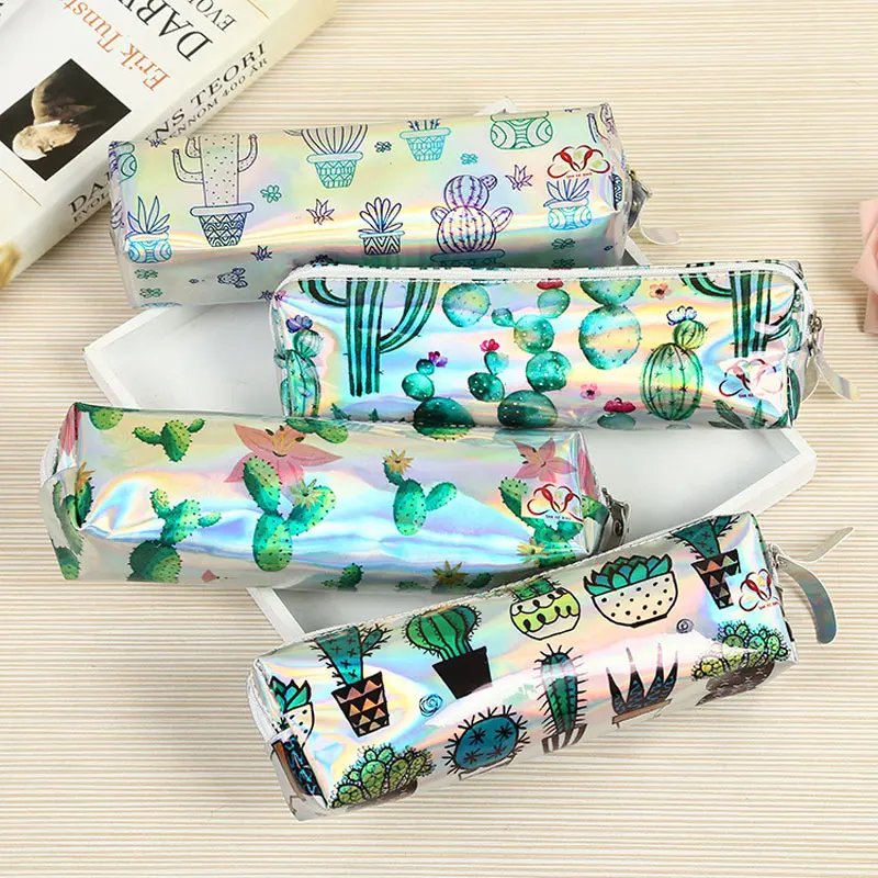 Cute Green Cactus Pencil Case For Girl Boys Stationery Student School Supplies Holographic Laser Big Pen Box School Pencil Bag