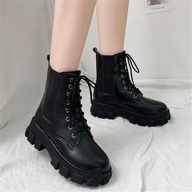 Boots Women Motorcycle Shoes Platforms Women Boots Wedges Female Lace Up Platforms Leather Oxford Shoes Woman High Heels