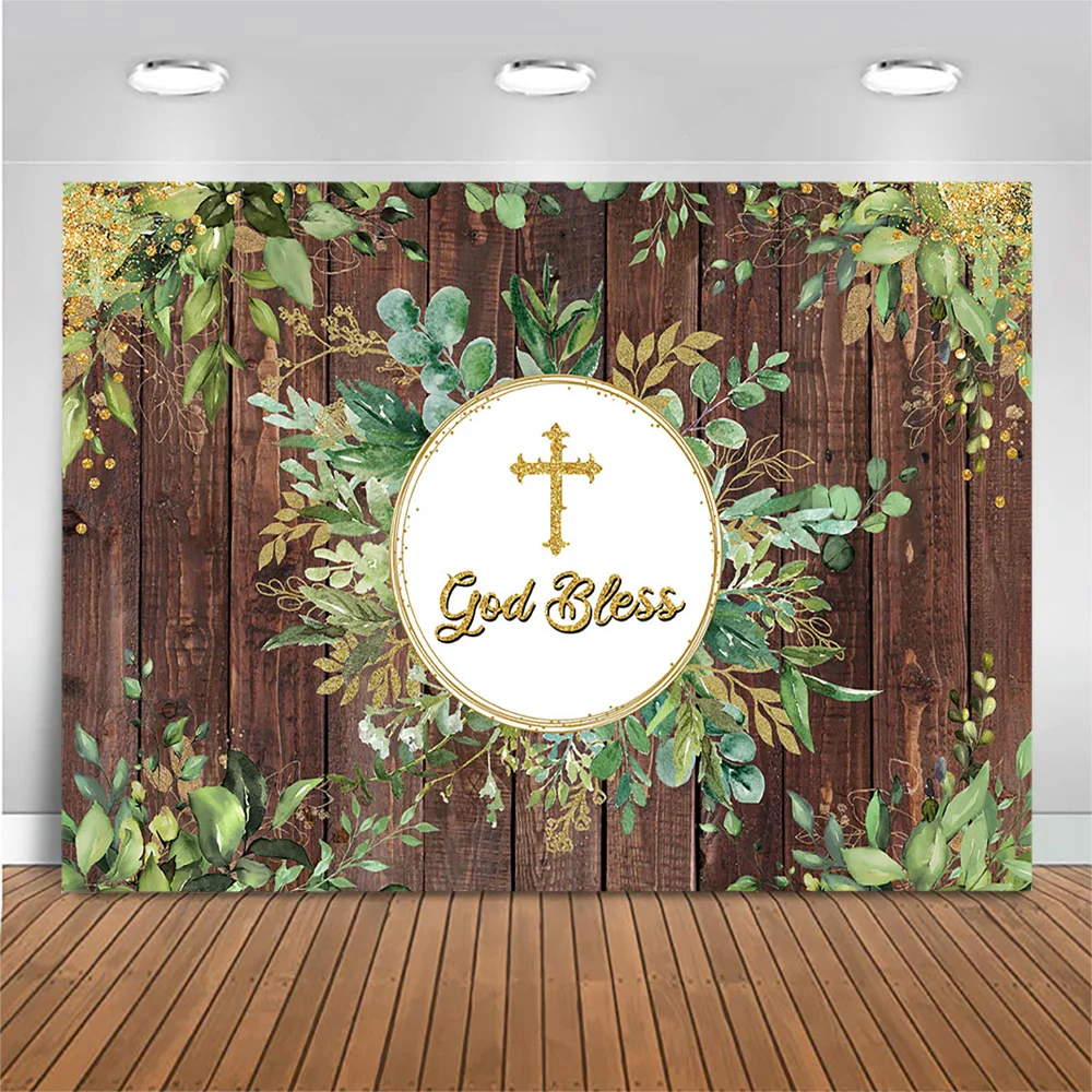 

Mocsicka God Bless Backdrop Wood Newborn Baptism Green Leaves Background Photography Banner Baby Shower Backdrops Photo Shoot