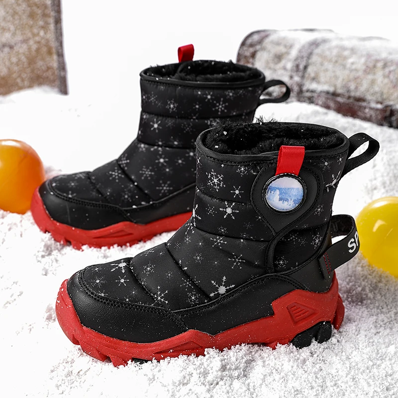 Children\'s Snow Boots Winter Fur Warm Outdoor Waterproof Sports Shoes Boys Winter Snow Boots Fashion Leather Boys Snow Boots