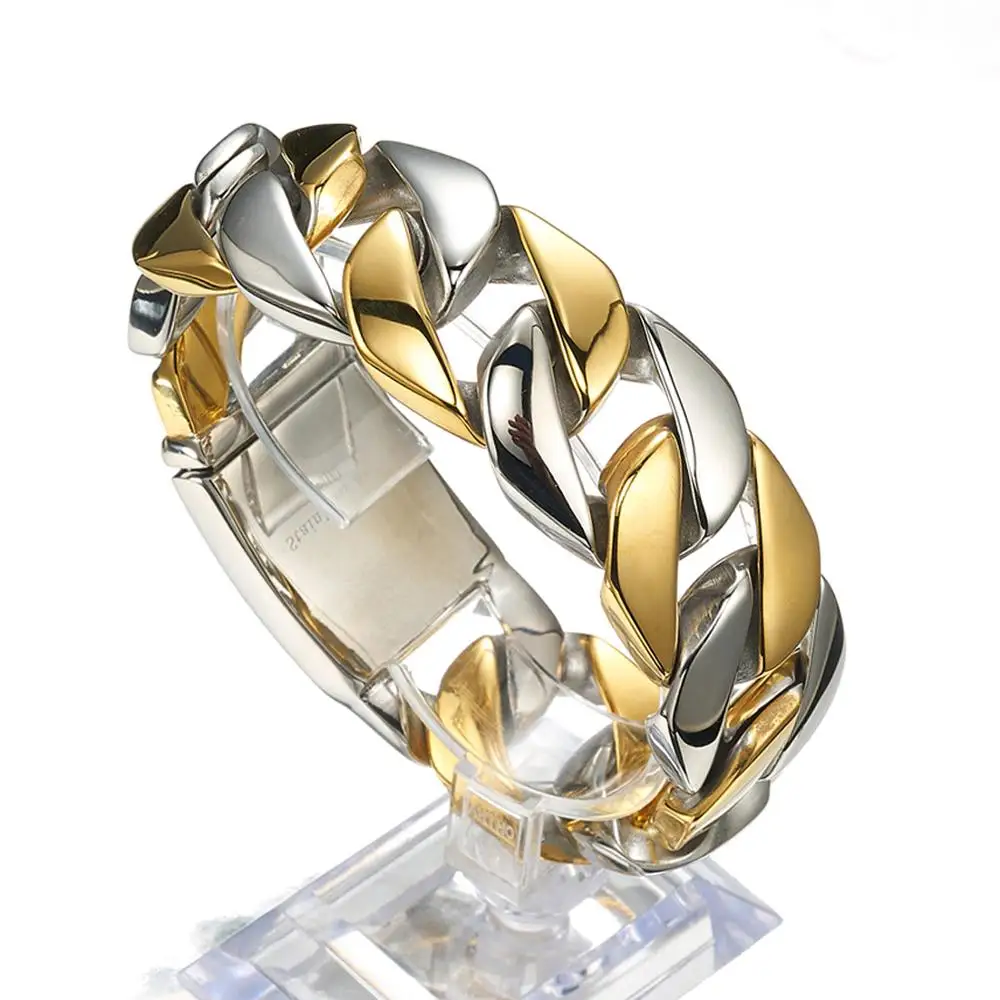 

26mm Wide 8.5inch Huge Heavy Gold Silver Color Stainless Steel Curb Link Chain Bracelet Bangle for Men