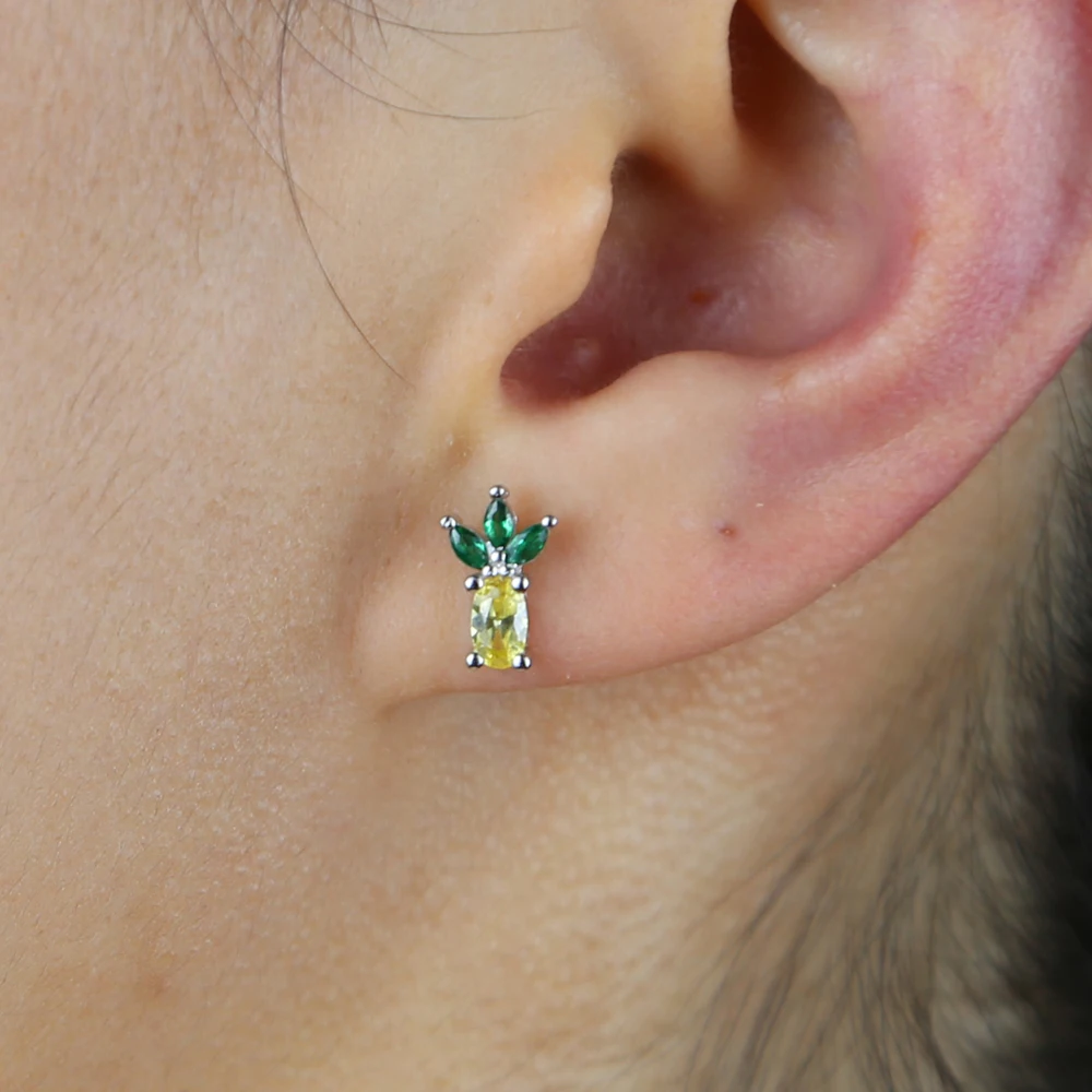 

925 silver small fresh lemon red orange pineapple fruit earings Korea jelly color paved with colored zircon cute mini earrings