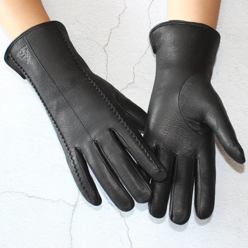 New Women\'s Black Deerskin Gloves Thick Wool Lining Winter Warm Genuine Leather Gloves Two Styles