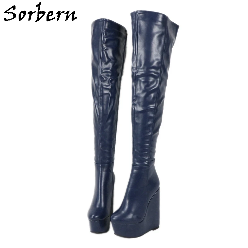 

Sorbern Navy Blue Crotch Thigh Boots Women Wedges High Heel Platform Round Toe Comfortable Long Boots Winter Style Plush Lining