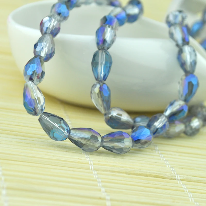 60pcs Teardrop Crystal Jewelry Beads 8x12mm Transparent Blue Plated Briolette Water Drop Glass Beads Jewelry Making Accessories