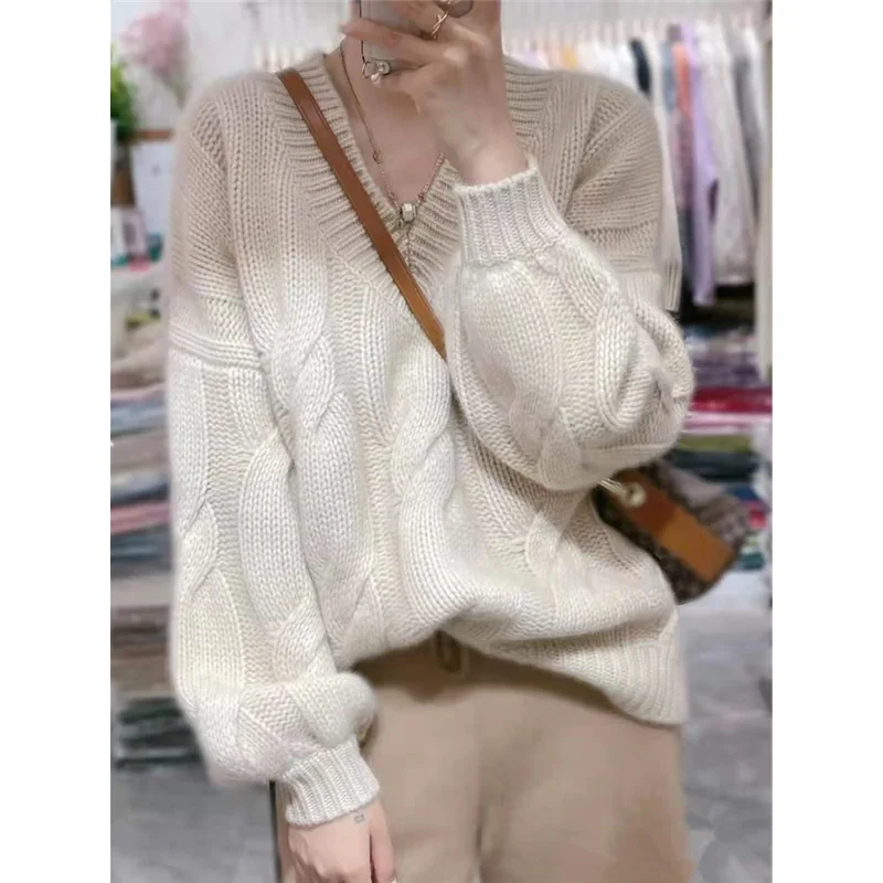 2021 soft and thick cashmere sweater women autumn and Winter Bubble Sleeve v neck loose lazy wind wool knitted sweater foundatio