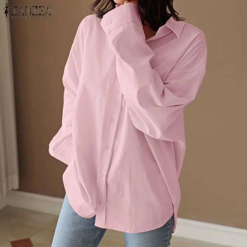 ZANZEA 2023 Elegant Spring Shirts Women\'s Irregular Top Casual Baggy Button Blusas Female Lapel Solid Tunic Chemise 7