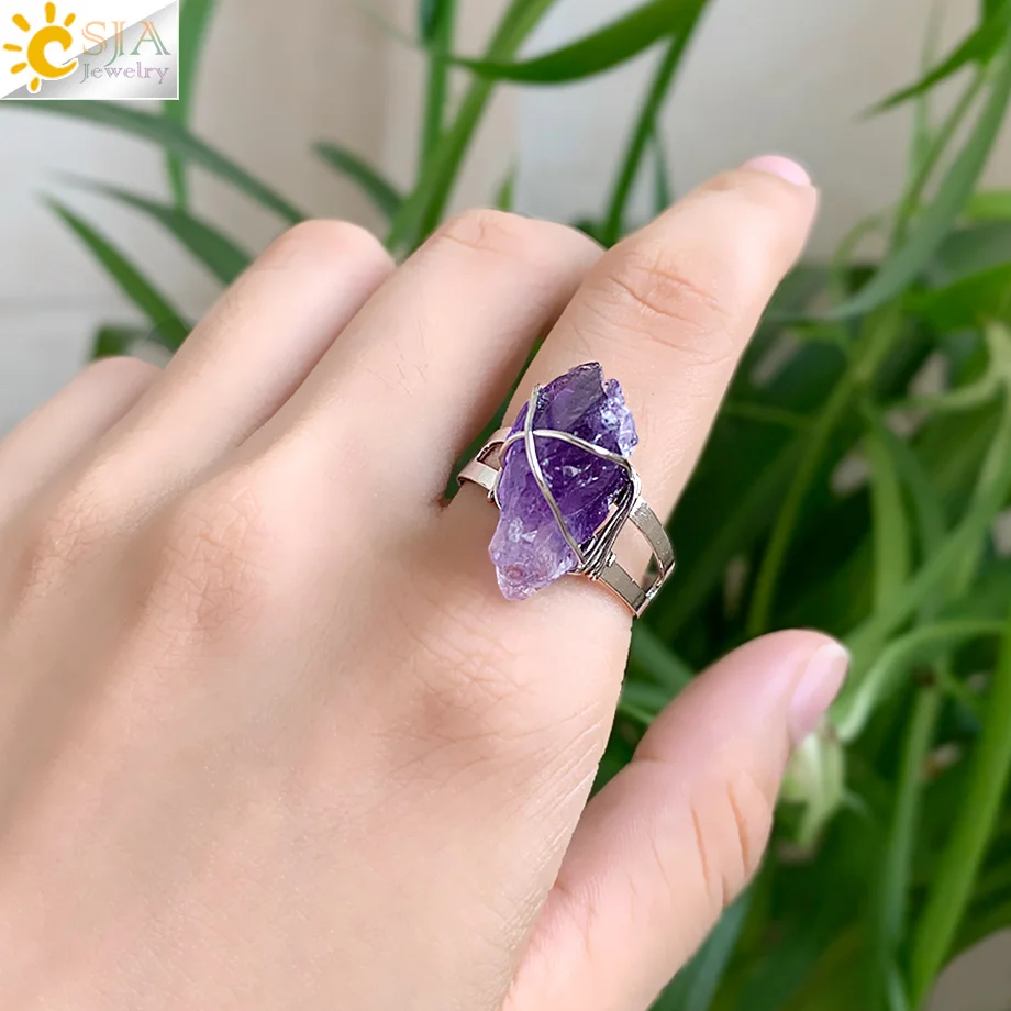 CSJA Women Ring Natural Stone Irregular Crystal Silver Color Wire Wrapped Adjustable Open Rings Reiki Fashion Jewelry Party G559