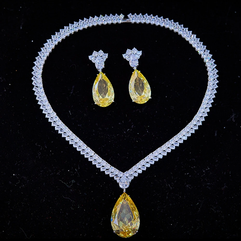 European and american Luxuri Large Yellow Zirconia Stone Water Drop Earrings and Womens Necklace Real Gold plated Jewelry Sets