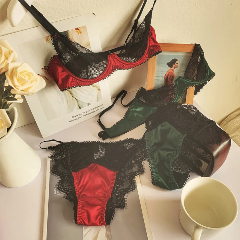 Sexy lingerie panty set with steel ring half cup gathered garter panties three-piece large size bralette satin retro  bra set