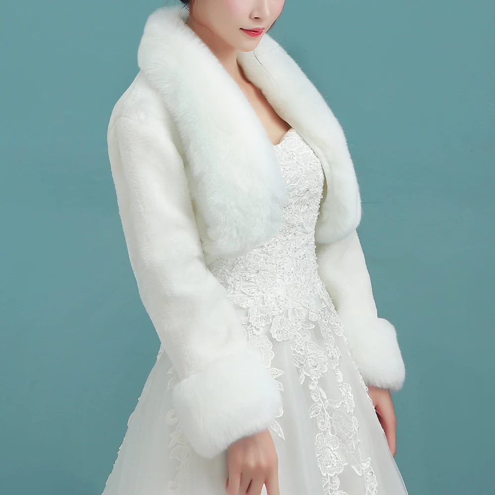 Frauen Elfenbein Winter Warm Faux Fur Hochzeit Braut Shrug Elegante Langarm Zubehör Cape Revers Kragen Schal Bolero Mantel