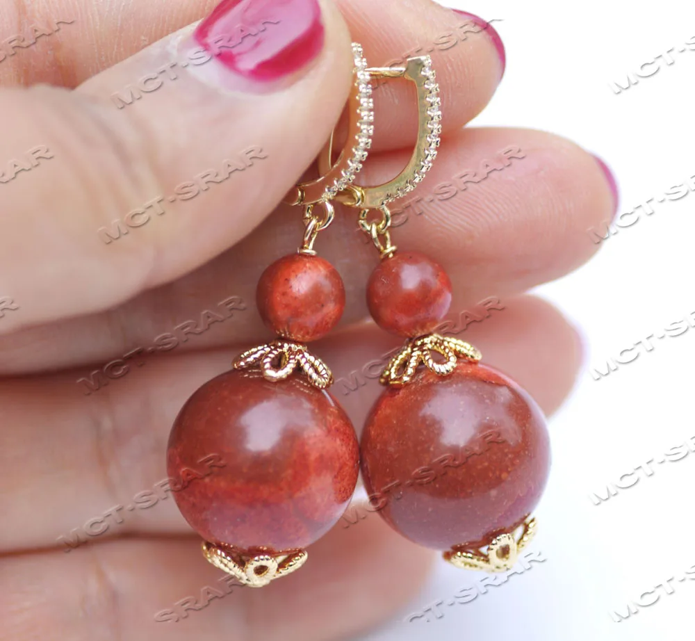 MTC·STAR  Z11642 18mm Red Round Coral Bead Dangle Earring CZ