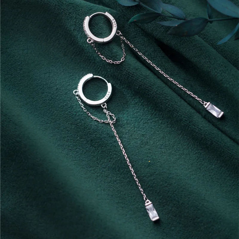 WANTME 925 Sterling Silver Tassel Chain Square Zircon Ear Buckle for Women Trendy Exquisite Wedding Earrings Jewelry Accessories