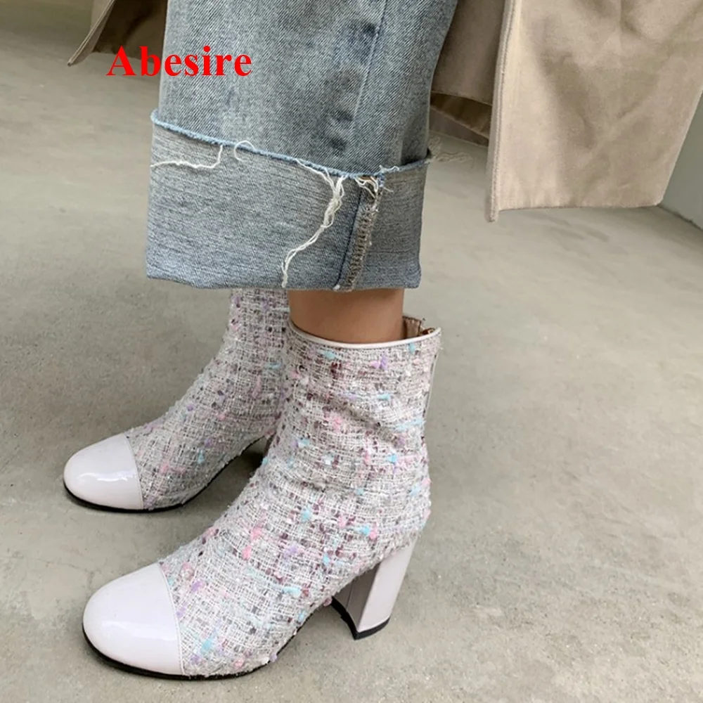 Round Toe Woolen Cloth Boots Patent Leather Short  Boots Block Heel Back Zipper New Arrival Fashion Women Shoes Winter Special