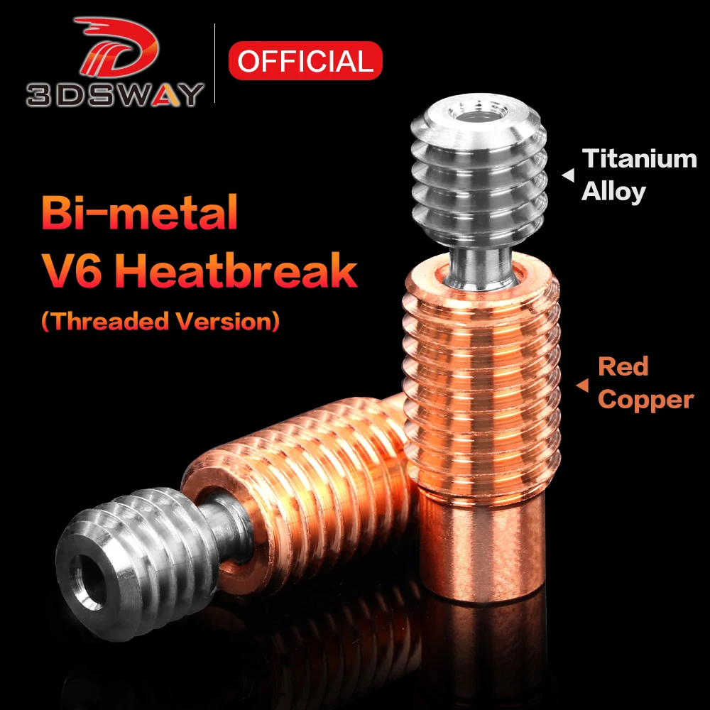 

3DSWAY 3D Printer Parts Titanium Alloy Bimetal Heatbreak Red Copper Thread Throat M6 Thread V6 Hotend Heater Block Nozzle 1.75MM