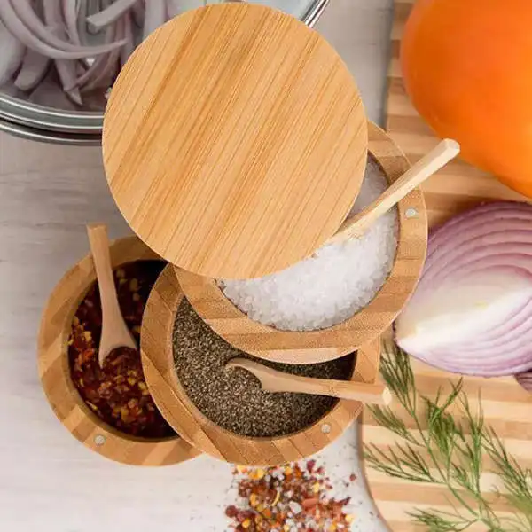 Bamboo 1 grid, 3 grid seasoning jar, rotating lid, salt shaker box, seasoning box