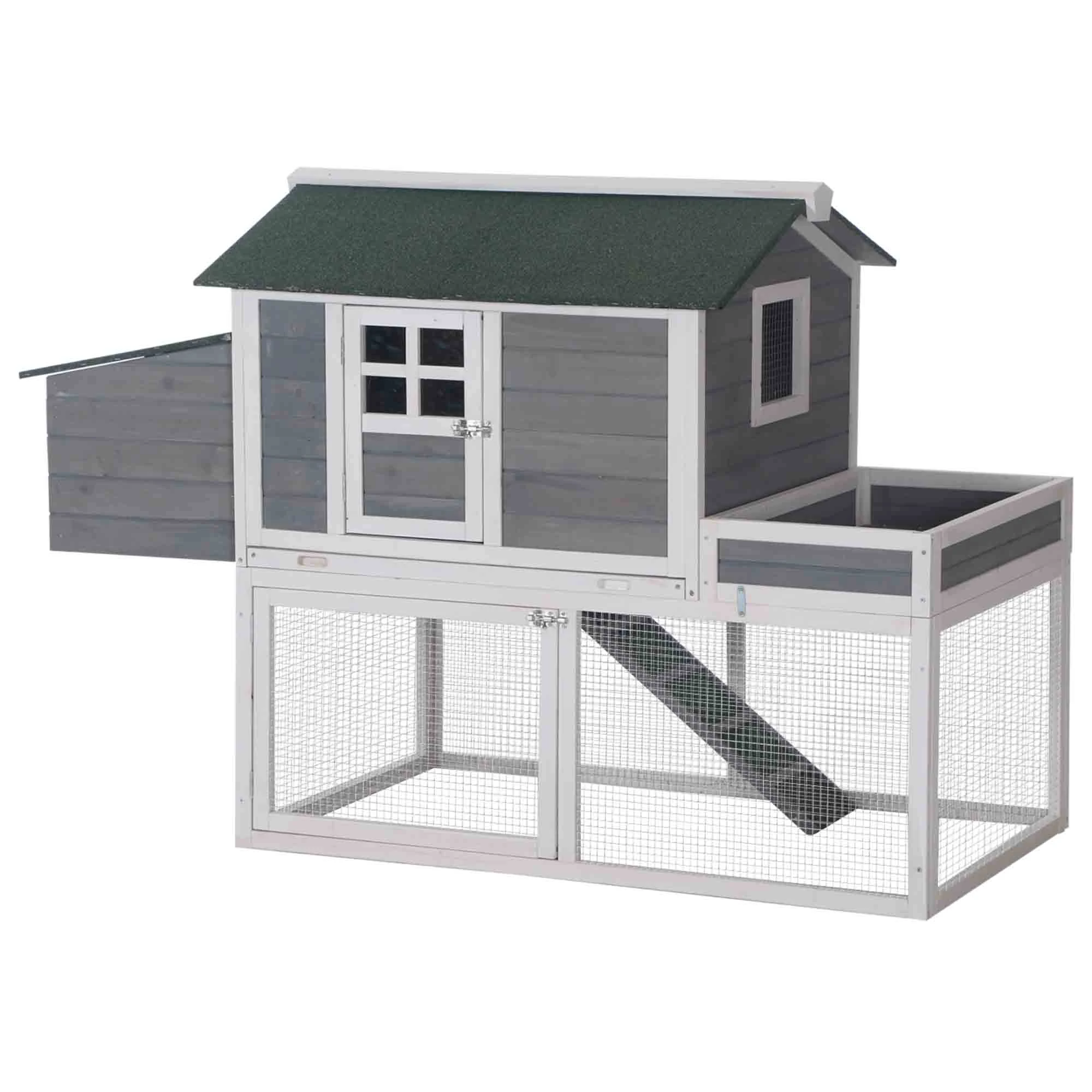 PawHut wooden Exterior chicken coop enclosure with Nest and Corral removable tray window mesh 160x80x110 cm gray and white