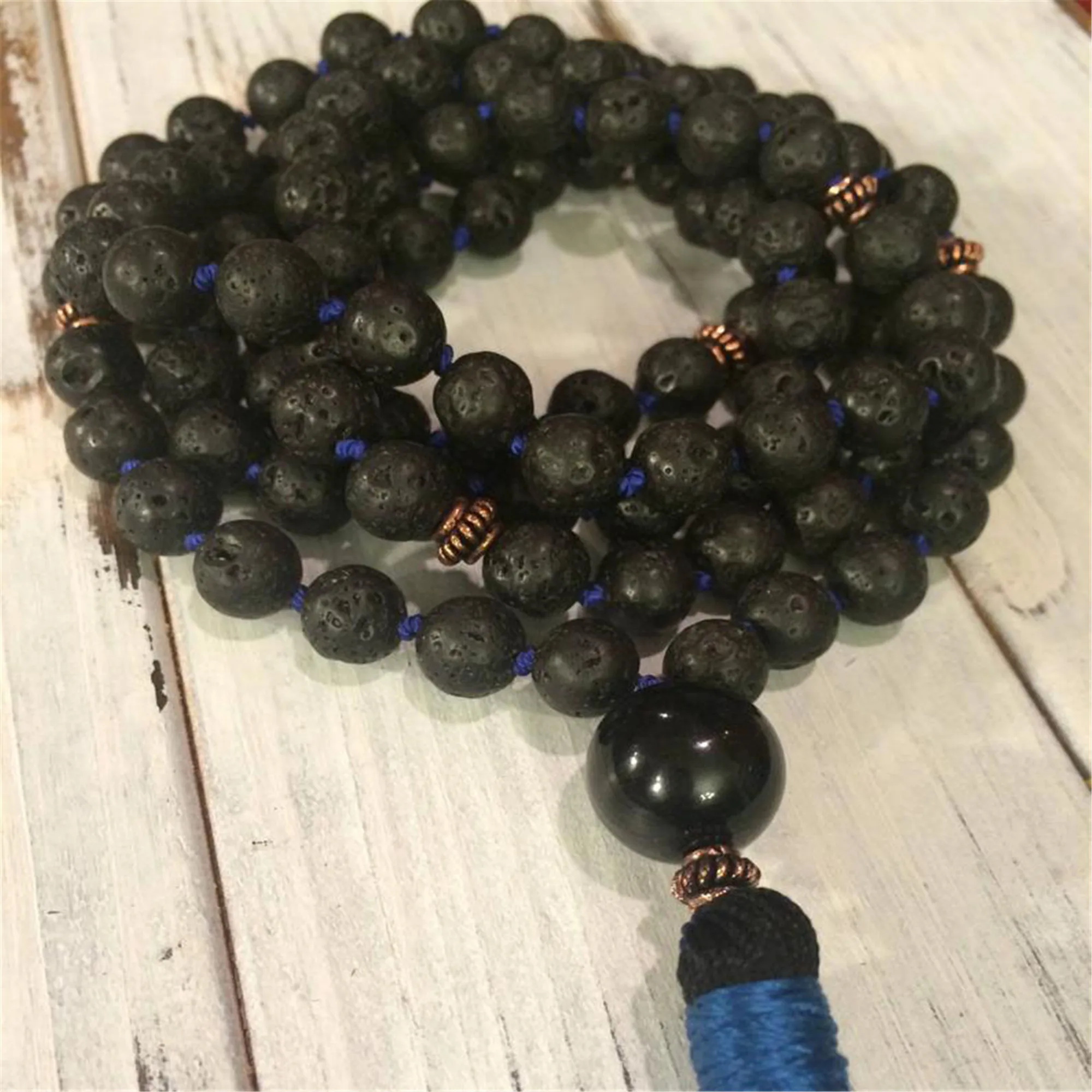 8mm Natural Volcanic Lava 108 Beads Tassel Knotted Necklace Handcrafted Prayer Wrist Chakra Cuff Yoga Classic Healing Meditation