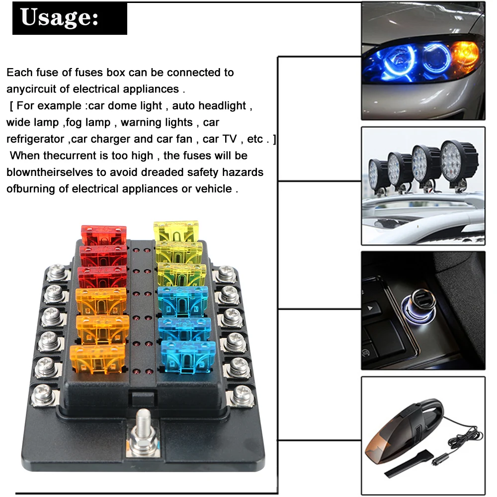Fuse Box Holder 32V 100A For Auto Car Boat Marine Plastic Cover 6 Ways 12 Ways Blade Fuse Block M5 Stud With LED Indicator Light