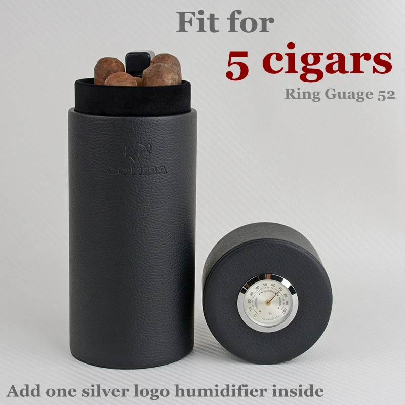 Cigar Leather Cigar Case with Hygrometer and Long Humidifier, Black Cigar Tube, No Cutter Cigar Holder