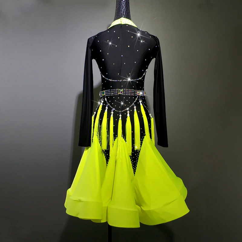 2021 Fluorescent Yellow Latin Dance Competition Dress Women Long Sleeves Rhinestone Fringe Dance Wear Girls Latin Dress BL6930