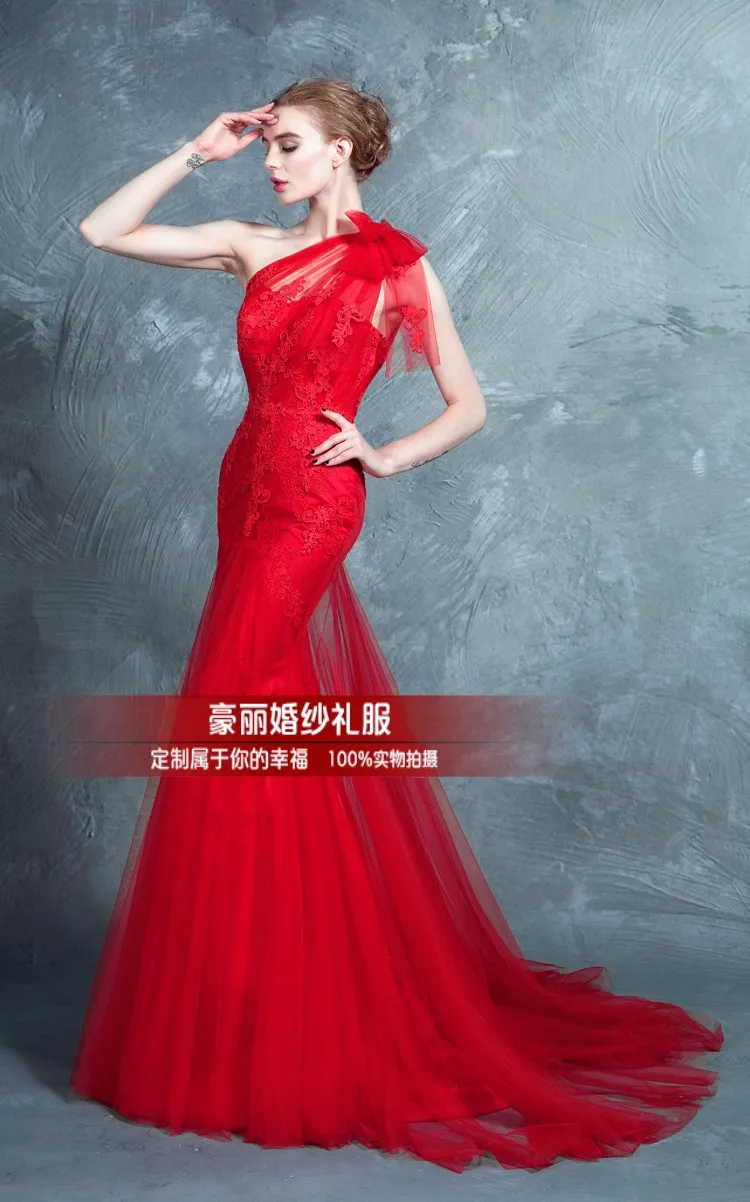 sexy red long mermaid prom gown with lace appliques bows bridal gown 2018 fashion one shoulder vestidos woman bridesmaid dresses