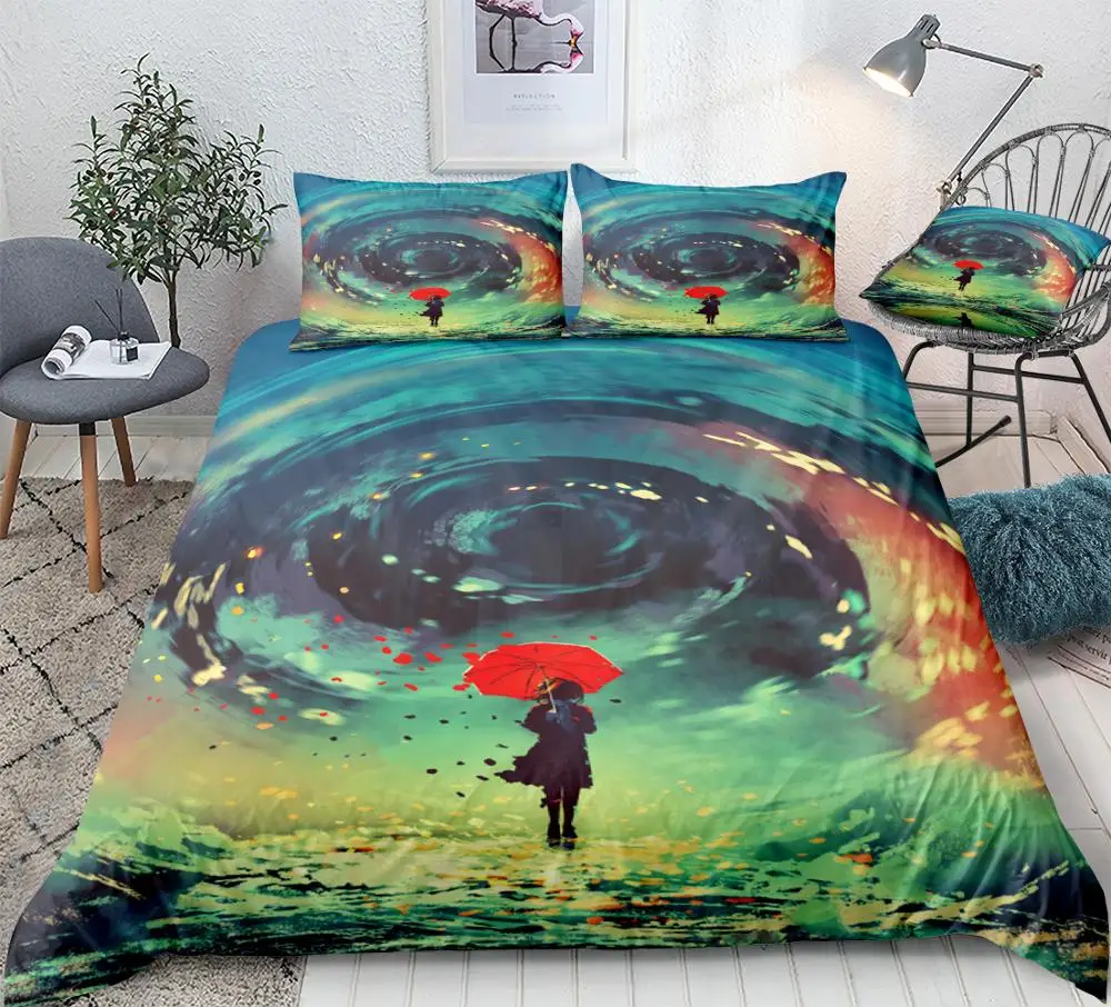 

3pcs Watercolor Duvet Cover Set Girl with Red Umbrella Bed Set Art Style Quilt Cover Queen Home Textiles Teens King Dropship