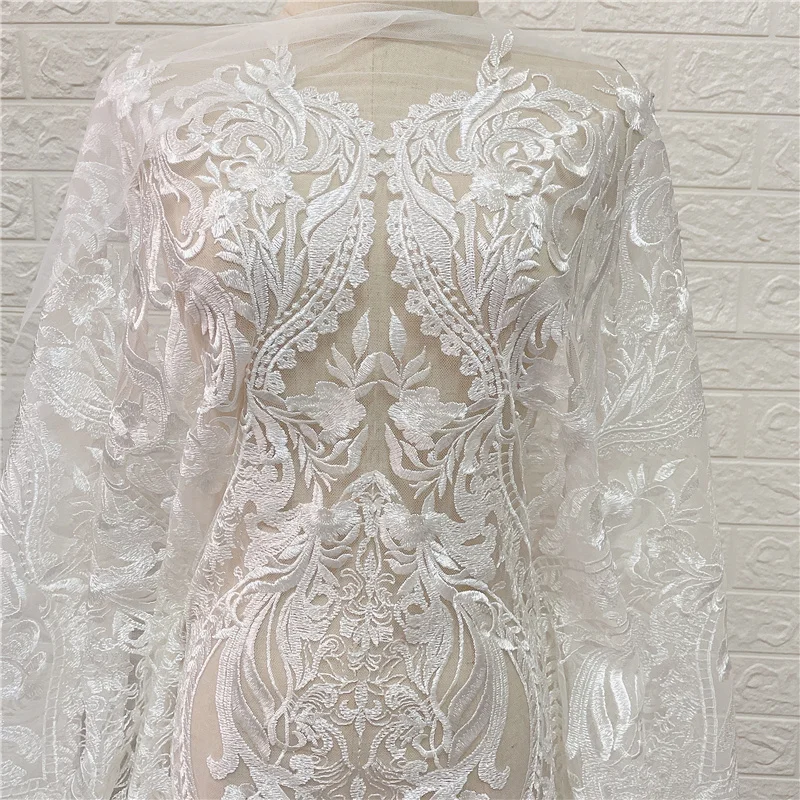 LFY New Style  Off White High Quality Bridal Wedding Dress Mesh Embroidery Lace Fabric 1 Yard