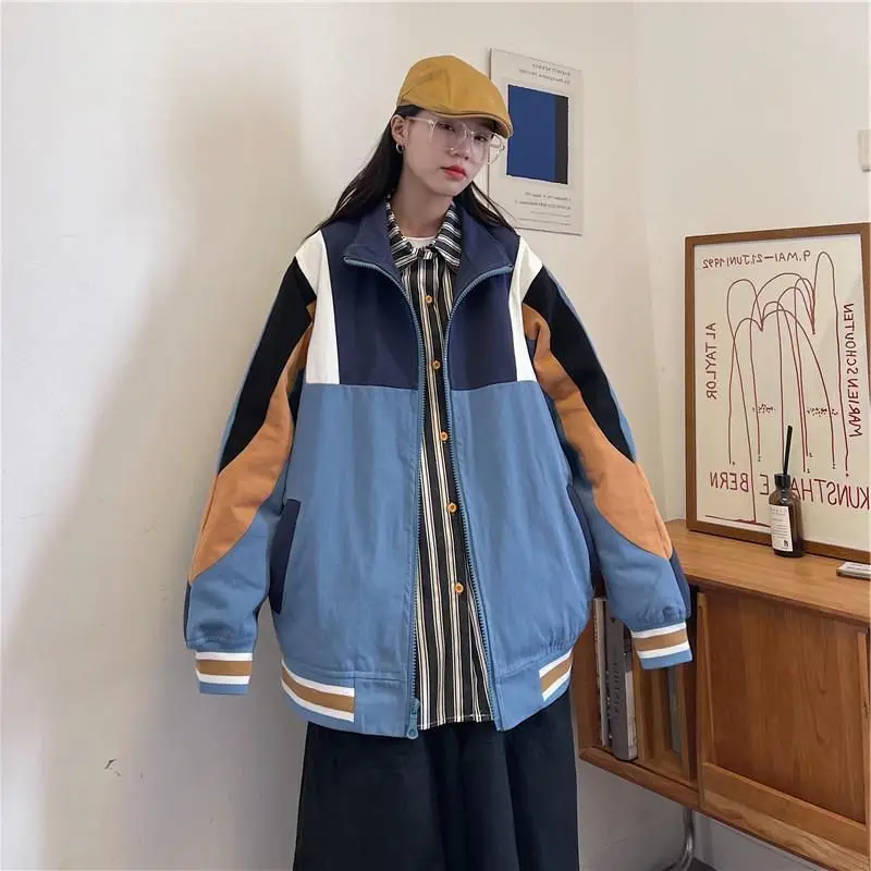 

Contrasting color splicing jacket women 2022 spring new Korean oversized BF boyfriend style high street casual cargo varsit coat