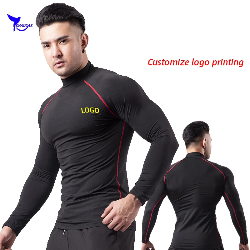 Custom LOGO Long Sleeve Fitness Gym T-Shirt Men Stand Collar Compression Shirts Quick Dry Autumn Cycling Stretch Sportswear Tops