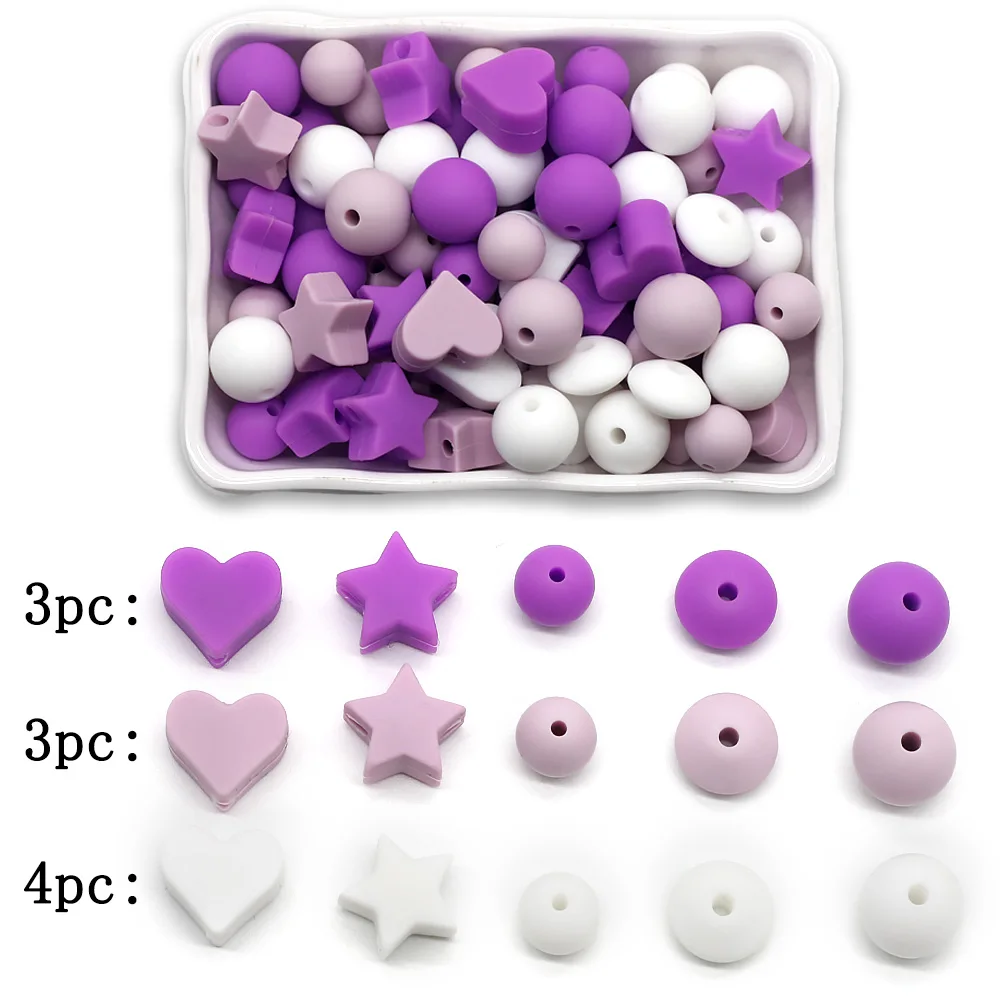 Cute-idea 50pcs Silicone Loose Beads Sets Star Heart Lentil Shaped Teething Beads Baby Pacifier Chain Toy Accessories BPA Free